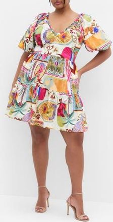 City Chic Simona Puff Sleeve Fit & Flare Minidress in Dreamscape at Nordstrom Rack, Size L/20W