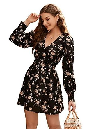 DIDK Damen Blumen Muster Minikleid A Line Elegant Kleider Langarm Blusenkleid Freizetikleid Partykleid V-Ausschnitt Skaterkleid Schwarz mit Blumenmuster L