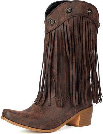 Generic Womens Pointed Toe PU Leather Mid-Calf Boots Pull on Tassel Long Boots Block Heel Western Cowboy Boot,Brown,5.5 UK