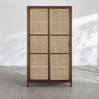 Maisons du monde Armario de 2 puertas de chapa de acacia y rejilla de rat&aacute;n, 100 cm