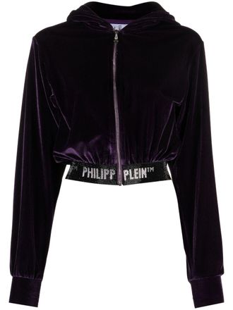 Philipp Plein logo-embellishment velour hoodie - Purple