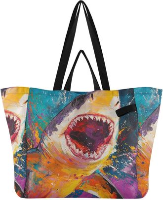 Generic Colorful Shark print Reusable Canvas Tote Bag, Heavy Duty Grocery Shopping Bag with Double Handles Hard Bottom Large Capacity Work Groceries Travel