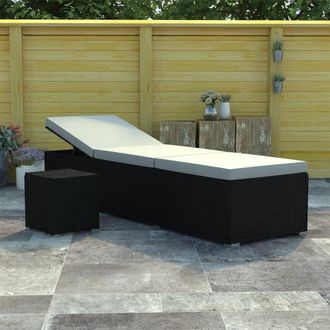 Berkfield Home Sun Lounger with Cushion & Tea Table Poly Rattan Black