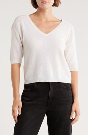 Magaschoni Cashmere V-Neck Elbow Sleeve Sweater in Frost White at Nordstrom Rack, Size Large