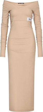 Dolce & Gabbana KIM DOLCE&GABBANA number patch off-shoulder dress - women - Elastane/Nylon/Rayon - 42 - Neutrals