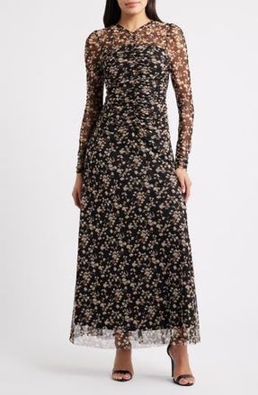 Parker The Willow Floral Long Sleeve Mesh Maxi Dress in Rich Black at Nordstrom Rack, Size 10