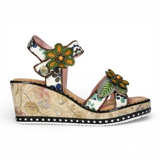 Laura Vita Laura Vita Womens Ballon 08 Beige Floral Leather Wedge Espadrille Sandals - Size EU 41