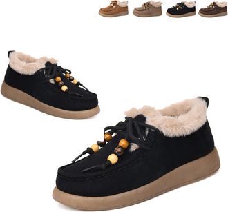 Generic Fashion Beaded Lace Up Comfort Round Toe Warm Cotton Shoes Womens Suede Platform Loafers with Fur Lined Anti-Slip Soft Sole Daily Work Walking Shoes (