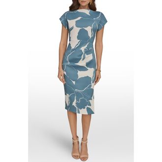 DKNY Floral Print Sheath Dress in Washed Indgo/Cream at Nordstrom, Size 14