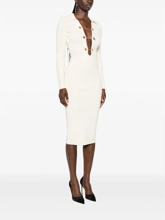 Elisabetta Franchi Ribbed Bodycon with Chain Detail Dress - Beige