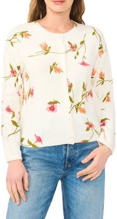 CeCe by Cynthia Steffe Floral Cardigan in New Ivory Floral at Nordstrom Rack, Size X-Large
