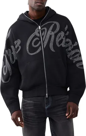 True Religion Crystal Logo Boxy Zip Hoodie in Jet Black at Nordstrom, Size Xxx-Large