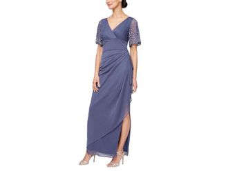 Alex Evenings Long Mesh Dress with Flutter Sleeves Womens Dress Violet : 12, Mesh/Polyester