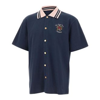 Dr&ocirc;le de Monsieur Short Sleeve Shirts, male, Blue, Size: S Chemise Piqu&eacute;e Slogan Rose