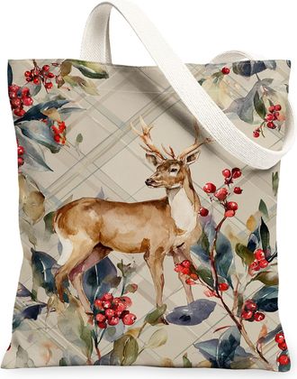 Generic Deer Floral Canvas Tote, Nature Pattern Reusable Grocery Bags, Autumn Rustic Lightweight Washable Shoulder Strap Canvas Bag, Beige, 13x15 Inch