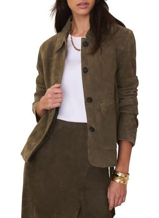 Mint Velvet Suede Jacket with Classic Collar & Button-Front Pockets in Khaki at Nordstrom, Size Medium
