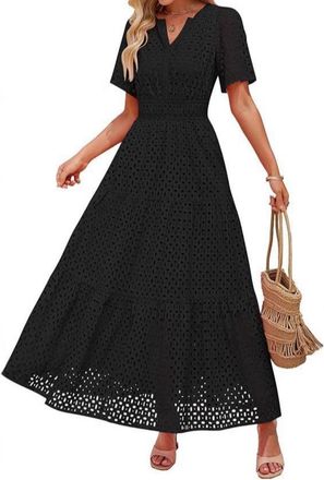 Generic Womens Maxi Dress - Summer Elegant Boho Dresses V Neck Hollow Out Eyelet Swing A Line Cotton Long Flowy Beach Vacation Evening Dresses Beach Outfit We