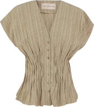 Cortana Getailleerde Linnen Blouse met Korte Mouwen - Dames - Blouses - Grijs - S - Leer - Overhemden