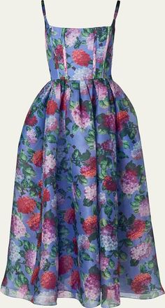 Carolina Herrera Hydrangea-Print Silk Organza Fit-and-Flare Midi Dress
