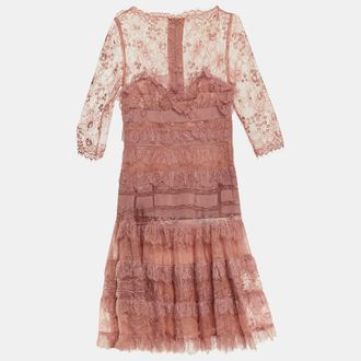 Elie Saab Pink Lace Ruffled Knee Length Dress