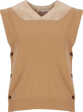 Maison Margiela Beige Wool V-Neck Side Button Vest