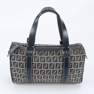 Fendi Navy Leather Canvas Boston Bag Handbag Tote Bag (Pre-Owned)