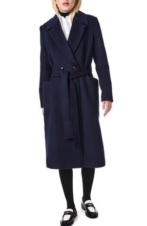 Bernardo Belted Wool Blend Longline Coat in Deep Navy at Nordstrom, Size Small