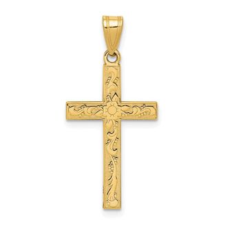 Diamond2Deal 14k Yellow Gold Etched Floral Cross Pendant