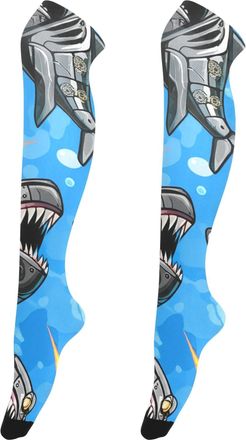 Generic Stockings for Women Thigh High Cartoon Robotic Sharks Blue over Knee Socks Cute Custom Femboy Leg Warmers
