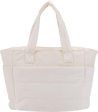 Generic Puffer Tote Bag for Women Large Capacity Shoulder Bag Nylon Solid Color Puffy Purse Satchel Purse for Work Travel Gym Shop (Beige)