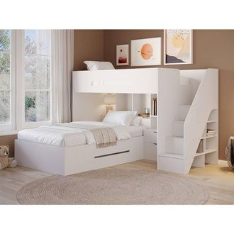 Flair Greyson Staircase Triple Bunk Bed with Storage in White | Size: Small Double