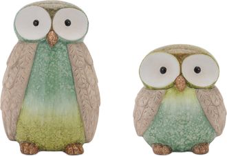 Melrose International Terra Cotta Owl Decor (Set of 2) - Green, Blue