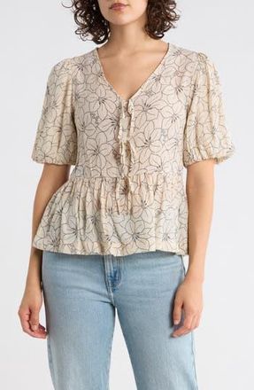 Chenault Print Tie Front Puff Sleeve Top in Beige/Black at Nordstrom Rack, Size X-Small