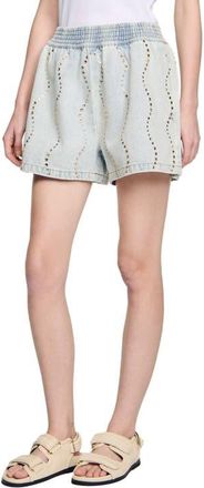 Sandro Beaded and rhinestone denim shorts in Light Bu Jean at Nordstrom, Size 38 Eu
