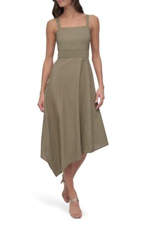 DKNY Paneled Linen Blend Midi Dress in Utility Green at Nordstrom, Size Small
