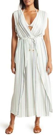 Boho Me Yarn Dye Front Tie V-Neck Cover-Up Dress in White/jade at Nordstrom Rack, Size X-Small
