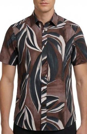 Report Collection Abstract Print 4-Way Stretch Short Sleeve Button-Up Shirt in Brown at Nordstrom Rack, Size Xx-Large