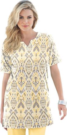 Roaman's Plus Size Soft Knit Print Tunic With Notch Neckline in Banana Bold Ikat at Nordstrom, Size 6X