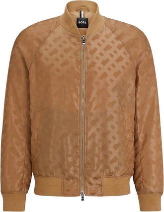 HUGO BOSS Mens Geometric Patterned Ribbed Cuff Bomber Jacket in Medium Beige - Size Small