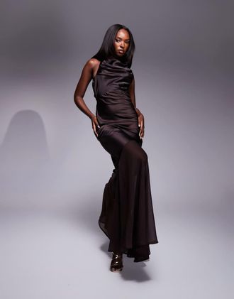 Asos satin chiffon mix draped bodice open cowl back maxi dress in chocolate-Green