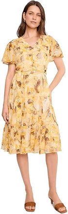 Calvin Klein Sleeve Short Floral Self Tie Dress Womens Dress Dijon : 14, Polyester