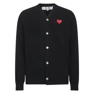 Comme Des Garçons Cardigans, male, Black, Size: XS Black Wool V-Neck Sweater with Red Heart Logo