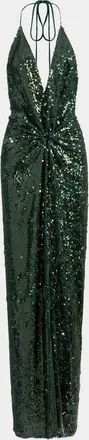 Silvia Tcherassi Rowan Twisted Plunging Halter Sequined Maxi Dress