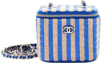 Chanel Blue/Beige Raffia/Jute Canvas Classic Chain Vanity Case, Never Carried (Authentic Pre-Loved)