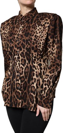 Dolce & Gabbana Womens Brown Leopard Silk Button Down Coat Jacket Elastane Polyester Clothing