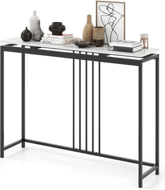 Costway Console Table 120cm Narrow Entryway Table w/Faux Marble Tabletop-White