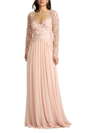 Tadashi Shoji Illusion Lace Embroidered Sleeve Gown in Pale Pink at Nordstrom, Size 14