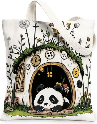 Generic Spring Panda Canvas Tote Bag for Shopping 13x15, Fun Flower Animal House Reusable Grocery Print Pattern Bag for Women, Cute Wildflower Beach Aesthetic