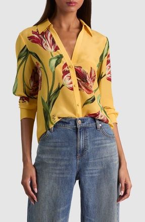 Alice & Olivia Eloise Tulip Print Silk Shirt in Soft Tulip Tuscany at Nordstrom, Size X-Small