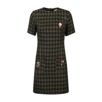 5 Progress Houndstooth Wolmix Korte Jurk - Dames - Korte kleedjes - Groen - XS - Wol - Kleedjes